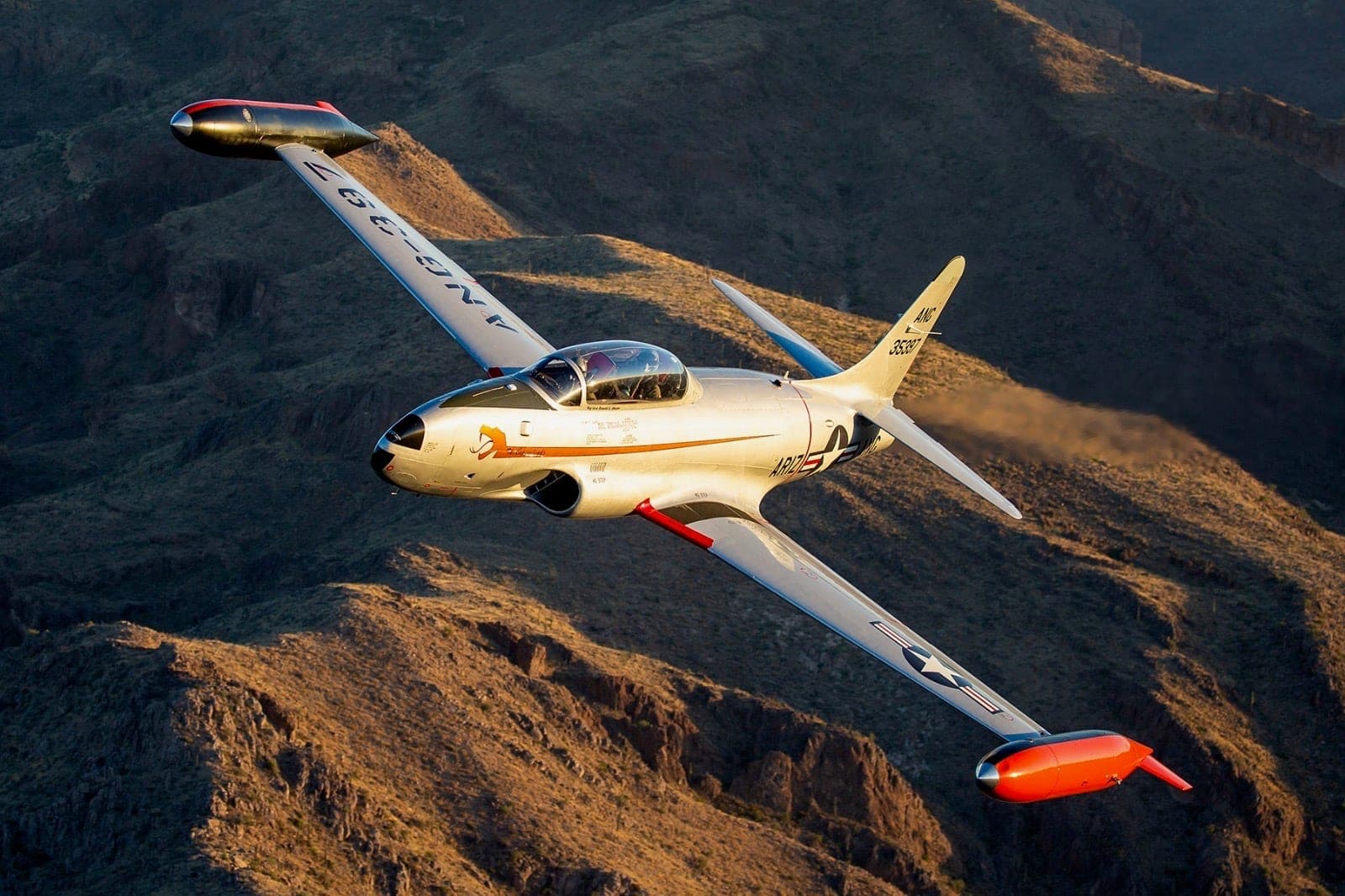 Banking low over the Sonoran desert mountains in late afternoon light.