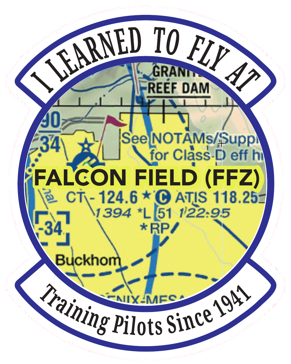 The 2022 die-cut vinyl sticker: “I Learned to Fly at Falcon Field (FFZ) — Training Pilots Since 1941” over the FAA sectional chart of the field.